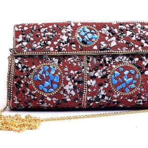 Elegant Mosaic Metal Clutch with Gold Chain